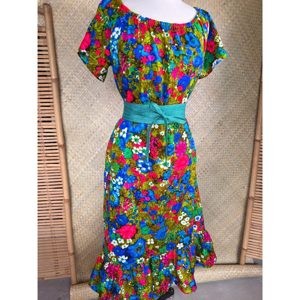 Vintage Midcentury Barkcloth Bright Tropical MuuMuu Dress XL